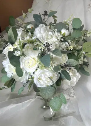 Artificial Roses, Peonies in White Ivory loose Round Spray Bridal Bouquet Wedding Flowers Beaux Faux Flowers Shop