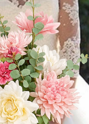 Silk large Chrysanthemum pink Bridal Bouquet in sorbet shades of coral and cerise pink Beaux Faux Flowers Shop