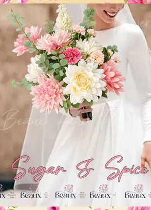 Silk large Chrysanthemum pink Bridal Bouquet in sorbet shades of coral and cerise pink Beaux Faux Flowers Shop