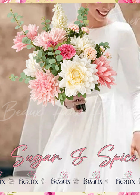 Silk large Chrysanthemum pink Bridal Bouquet in sorbet shades of coral and cerise pink Beaux Faux Flowers Shop