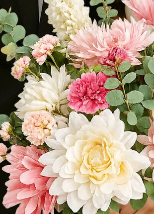 Silk large Chrysanthemum pink Bridal Bouquet in sorbet shades of coral and cerise pink Beaux Faux Flowers Shop
