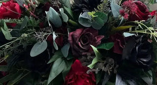 3ft Red and Black Flowers Silk Rose, Chrysanthemum and Peony Flower Table Arrangement Beaux Faux Flowers Shop