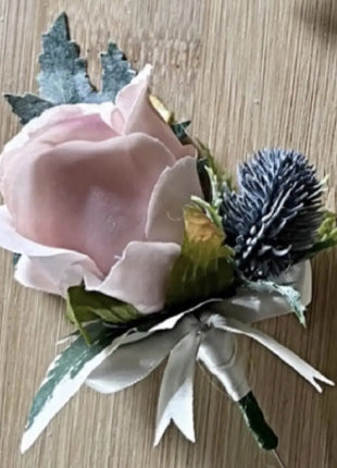 Gents, guest buttonhole with Silk Dusky Pink Rose and Dusty Blue Thistle Beaux Faux Flowers Shop