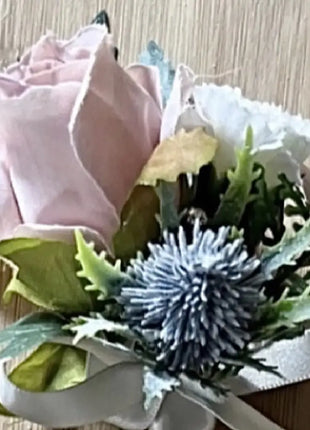Gents, guest buttonhole with Silk Dusky Pink Rose and Dusty Blue Thistle Beaux Faux Flowers Shop