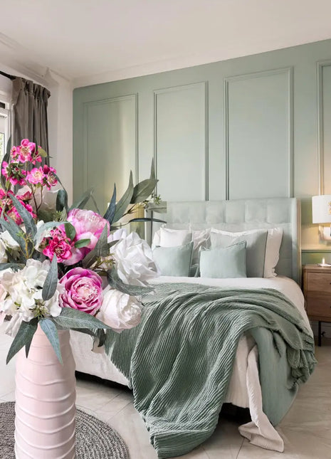 Silk Floral Peony vase Arrangement in cerise and White with peonies, roses, Nicoli eucalyptus - Villa View Beaux Faux Flowers Shop