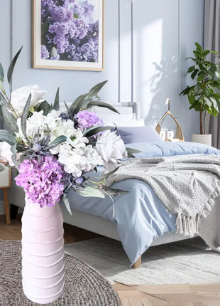 Silk Peony thistle lilac flower Arrangement with White with peonies, roses, Nicoli eucalyptus - Village Gardens Beaux Faux Flowers Shop