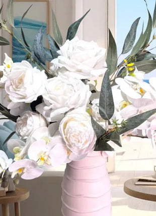 (Copy) Silk Floral Peony vase Arrangement in cerise and White with peonies, roses, Nicoli eucalyptus - Villa View Beaux Faux Flowers Shop