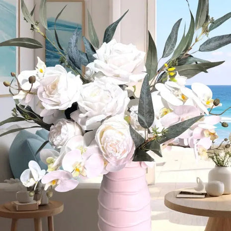 (Copy) Silk Floral Peony vase Arrangement in cerise and White with peonies, roses, Nicoli eucalyptus - Villa View Beaux Faux Flowers Shop