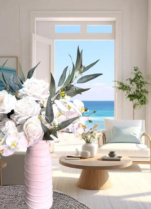 Silk luxury Floral Peony vase Arrangement in Ivory and White with peonies, roses, hydrangea eucalyptus - Ocean Avenue Beaux Faux Flowers Shop