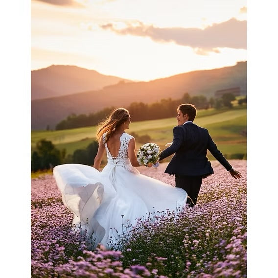 Couple in wedding attire walking through a field of flowers with mountains in the background.