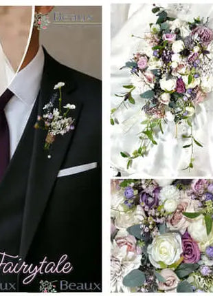 Collage of a man in formal attire with floral boutonniere and two wedding bouquets.