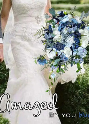 Silk Cascade  Bridal Bouquet Roses, Peony inBlue,  navy, Ivory Beaux Faux Flowers Shop