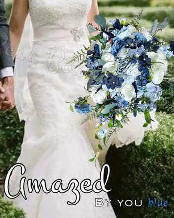 Silk Cascade  Bridal Bouquet Roses, Peony inBlue,  navy, Ivory Beaux Faux Flowers Shop