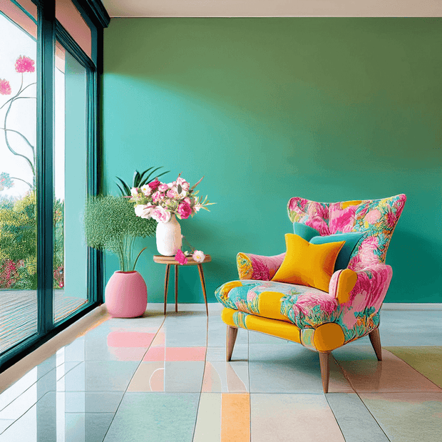 Colorful armchair with floral pattern in a modern room with green walls and large windows.