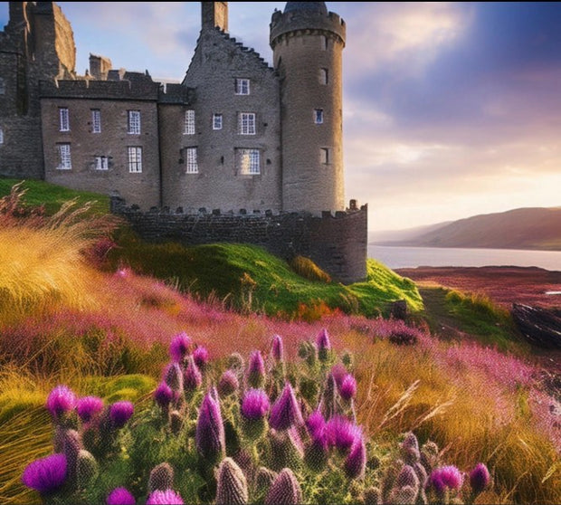Castle surrounded by purple flowers and grass with a lake in the background