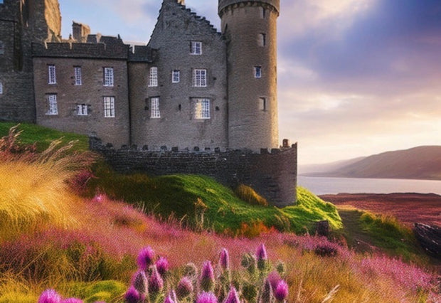 Castle on a hill with purple flowers and a scenic landscape