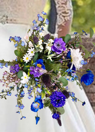 Scottish wildflowers, thistle  Bridal Bouquet Wedding Flowers blues purples Held by bride