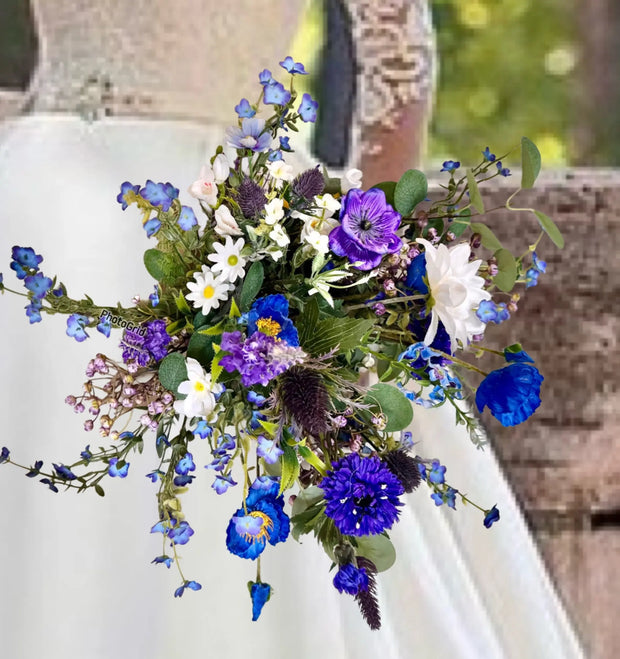 Scottish wildflowers, thistle  Bridal Bouquet Wedding Flowers blues purples Held by bride
