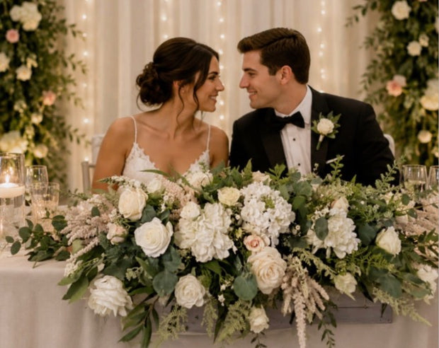 Man and woman in formal attire sitting at a decorated wedding table with floral arrangements.
