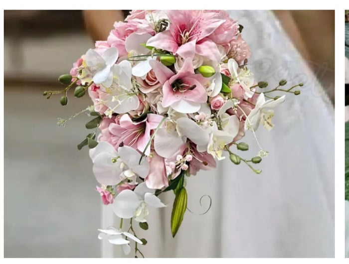 Collage of wedding-related images including flowers, a couple, and a bride in a white dress.