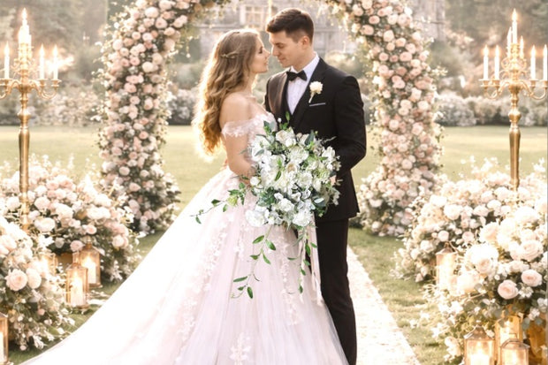 Wedding couple standing in a decorated garden with flowers and candles.