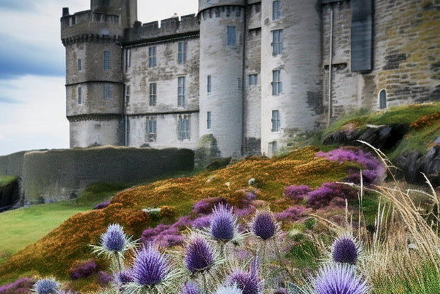 Castle with purple flowers in the foreground