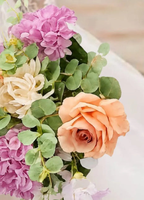 Silk large Bridal spray Bouquet Roses, Peony in sorbets, peach ivory and lilac Beaux Faux Flowers Shop