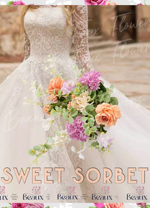 Silk large Bridal spray Bouquet Roses, Peony in sorbets, peach ivory and lilac Beaux Faux Flowers Shop