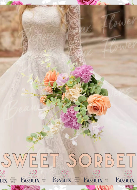 Silk large Bridal spray Bouquet Roses, Peony in sorbets, peach ivory and lilac Beaux Faux Flowers Shop