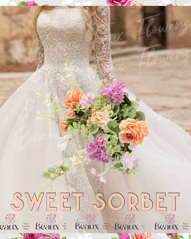 Silk large Bridal spray Bouquet Roses, Peony in sorbets, peach ivory and lilac Beaux Faux Flowers Shop
