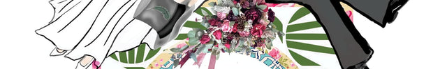 A wedding-themed graphic with an illustrated bride in a white gown and groom in a dark suit sitting on a decorative sign that reads 'Beaux Faux Flowers Shop.' Pink hearts and palm leaves decorate the background, and the shop name is prominently visible.