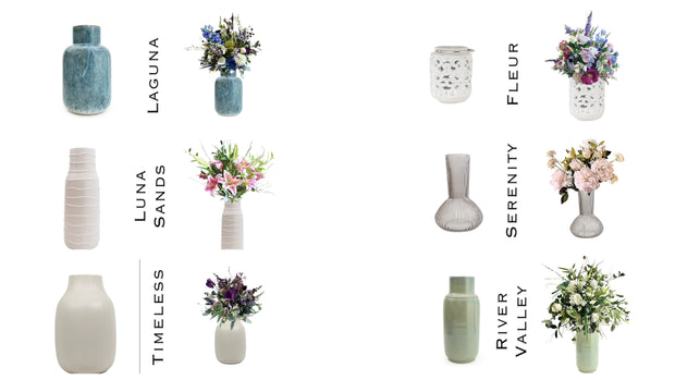Collage of various vases with floral arrangements labeled 'Laguna', 'Luna Sands', 'Fleur', 'Serenity', 'Timeless', 'River Valley'.