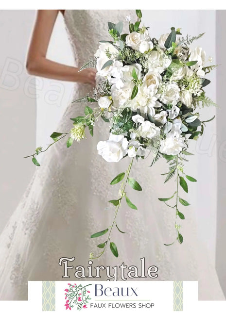 Fairytale Cascading ivory, white Bridal Bouquet with peonies, roses and ranunculus Beaux Faux Flowers Shop
