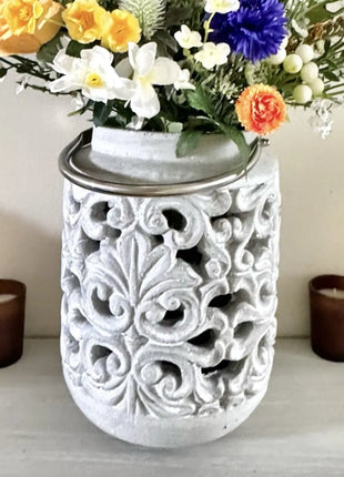 Cement Lantern Planter in Pale Grey Cement 26cm , Fleur Lantern Home Decor Beaux Faux Flowers Shop