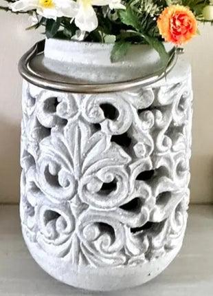 Cement Lantern Planter in Pale Grey Cement 26cm , Fleur Lantern Home Decor Beaux Faux Flowers Shop
