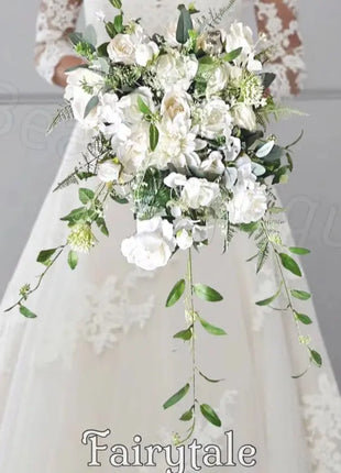 Artificial Wedding Flowers  Rose, peony in White Ivory Cascading Bridal Bouquet Beaux Faux Flowers Shop