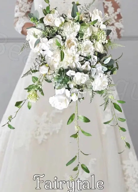 Artificial Wedding Flowers  Rose, peony in White Ivory Cascading Bridal Bouquet Beaux Faux Flowers Shop