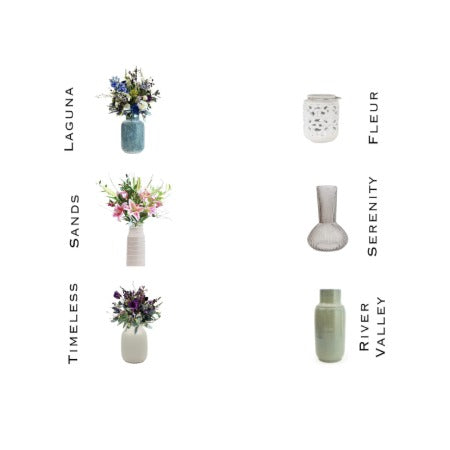 Collection of vases with floral arrangements labeled on a white background