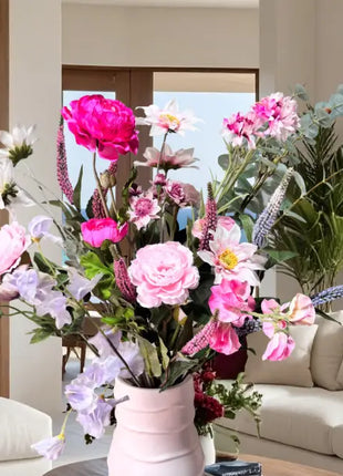 Silk delicate Floral vase Arrangement in cerise, peach, pale blue, lilac and White with garden, chrysanthemum, astilbe,Veronica dahlia sweet pea-Garden Views Beaux Faux Flowers Shop