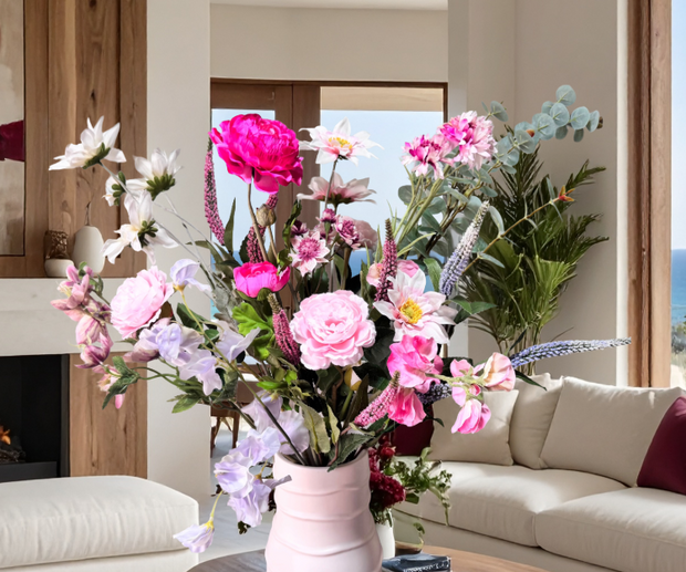 Silk delicate Floral vase Arrangement in cerise, peach, pale blue, lilac and White with garden, chrysanthemum, astilbe,Veronica dahlia sweet pea roses, Nicoli eucalyptus - Villa View Beaux Faux Flowers Shop