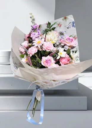 Silk Floral Proposal Bouquet in pastel pink, blue and lilac, valentines gift bouquet Beaux Faux Flowers Shop