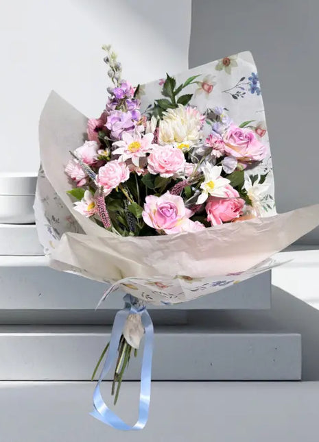 Silk Floral Proposal Bouquet in pastel pink, blue and lilac, valentines gift bouquet Beaux Faux Flowers Shop