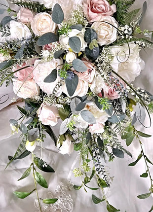Silk Cascade  Bridal Bouquet Roses, Peony in Cream, pink, Ivory image 2