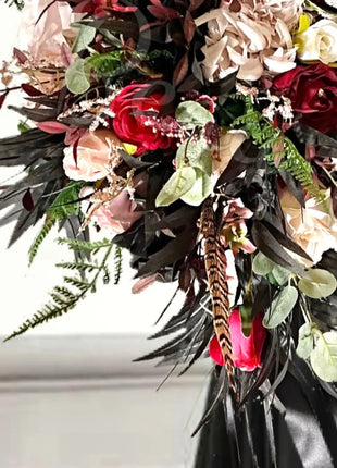 Silk Rose, black ruscus leaf Bride Bouquet Wedding Flowers in black, pink, Ivory image 4