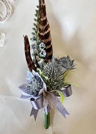 Wedding Flowers Pheasant Feather, Blue, Burgundy with rose Bridal Bouquet image 1