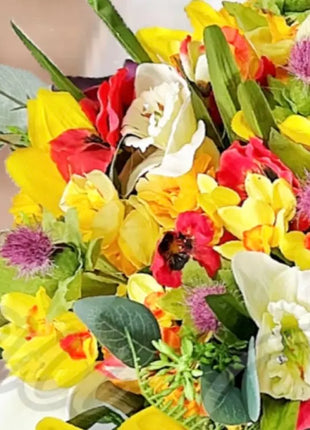 Silk daffodil, poppy  bouquet yellow, red, cerise, Ivory round  Bridal flowers image 8