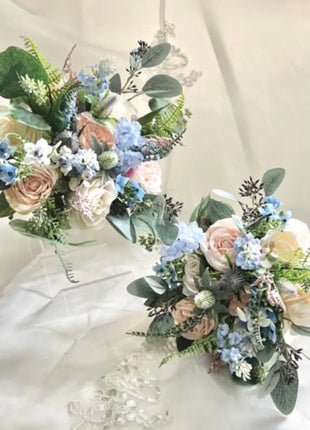 Artificial Wedding Flowers Bridal peony Bouquet in White, Ivory, Pink & Blue image 2