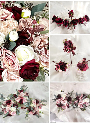 Silk Artificial Rose bouquet, dusky pink, burgundy  round  Bridal flowers image 6