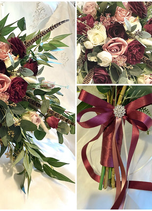 Scottish bridal bouquet with roses pheasant feather, dusky pink, red, Ivory image 2