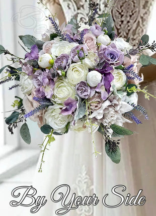Silk Rose bouquet lavender, lilac Ivory round  Bridal flowers image 0